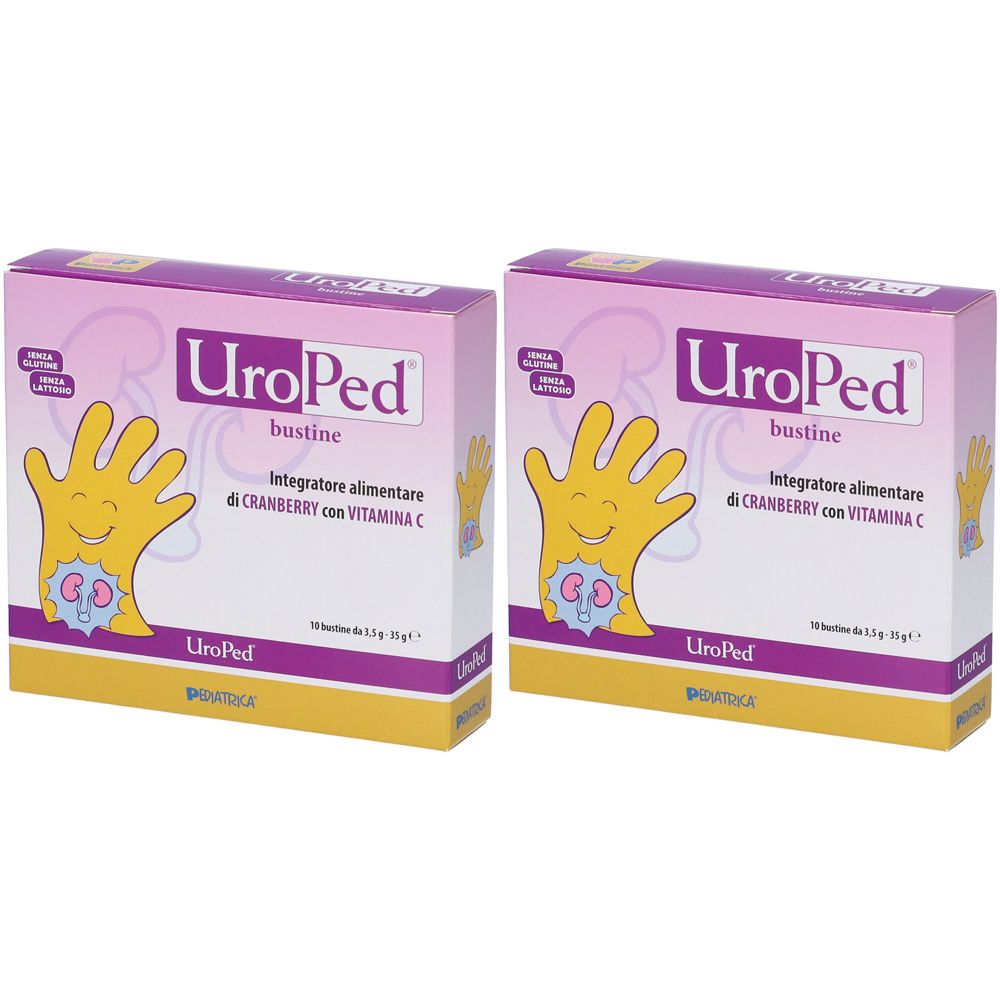 Deux boîtes de UroPed Bustine. Inscription : Cranberry avec vitamine C. Emballage rose-violet avec illustration de main jaune.