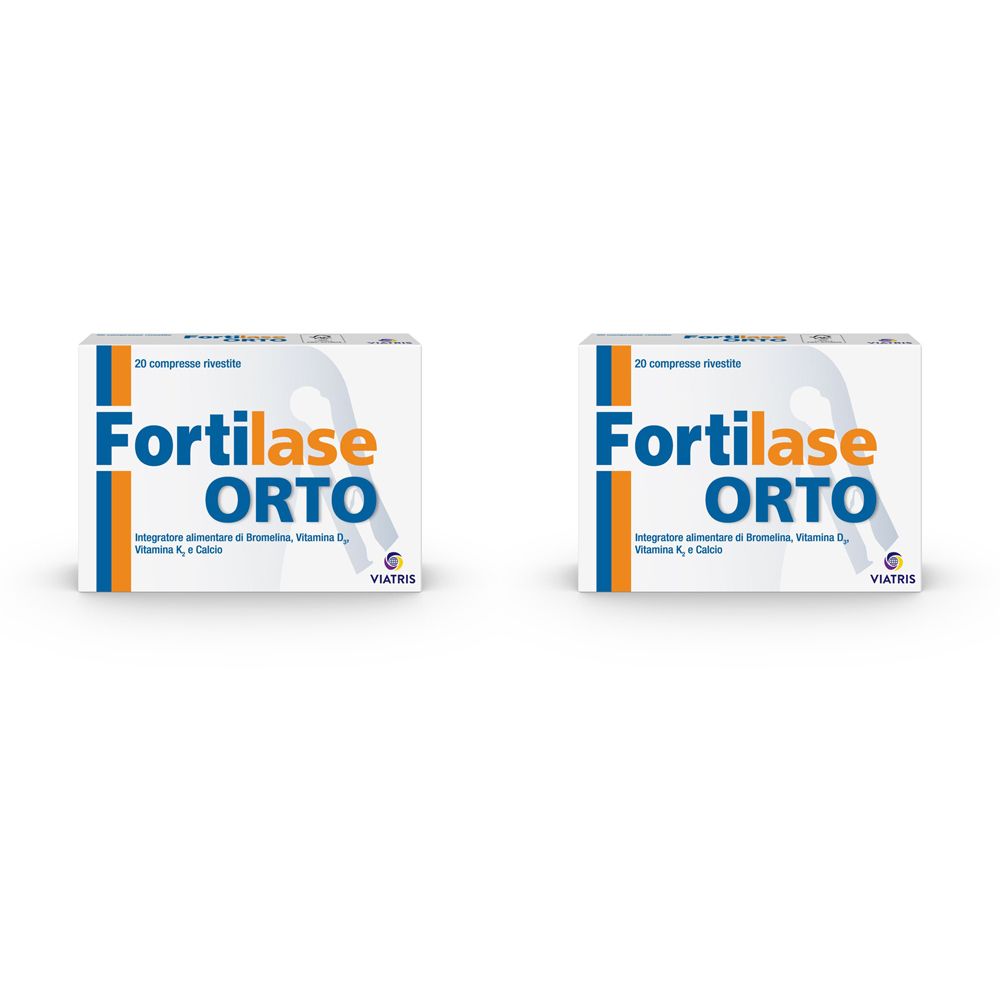 Zwei Schachteln mit der Aufschrift "Fortilase Orto". Blaue und orangefarbene Akzente. Text: Integratore alimentare di Bromelina, Vitamina D, Vitamina K, e Calcio.