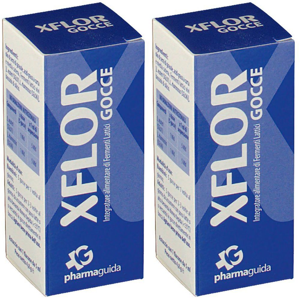 Deux boîtes bleues avec texte blanc. Inscription: XFLOR Gocce, Integratore alimentare di Fermenti Lattici. Logo: pharmaguida.