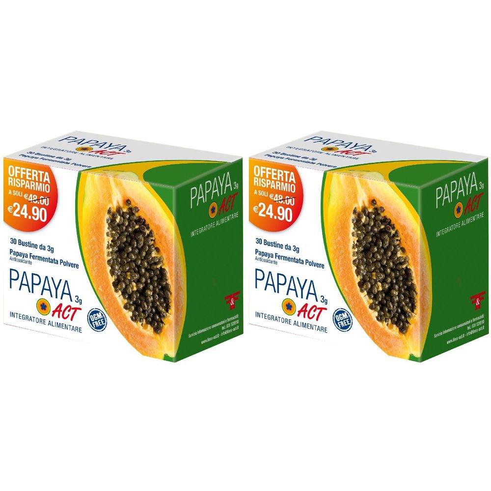 Deux boîtes avec image de papaye et texte. Inscription : PAPAYA ACT, prix promotionnel. Emballage vert et jaune.