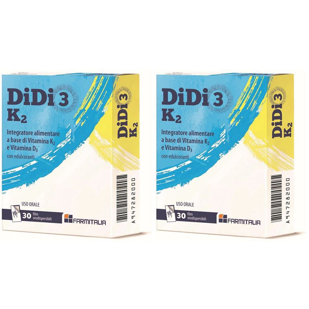 Deux boîtes avec l'inscription DiDi 3 K2. Inscription : Integratore alimentare a base di Vitamina K2 e Vitamina D3. 30 pièces. Marque : Farmitalia.