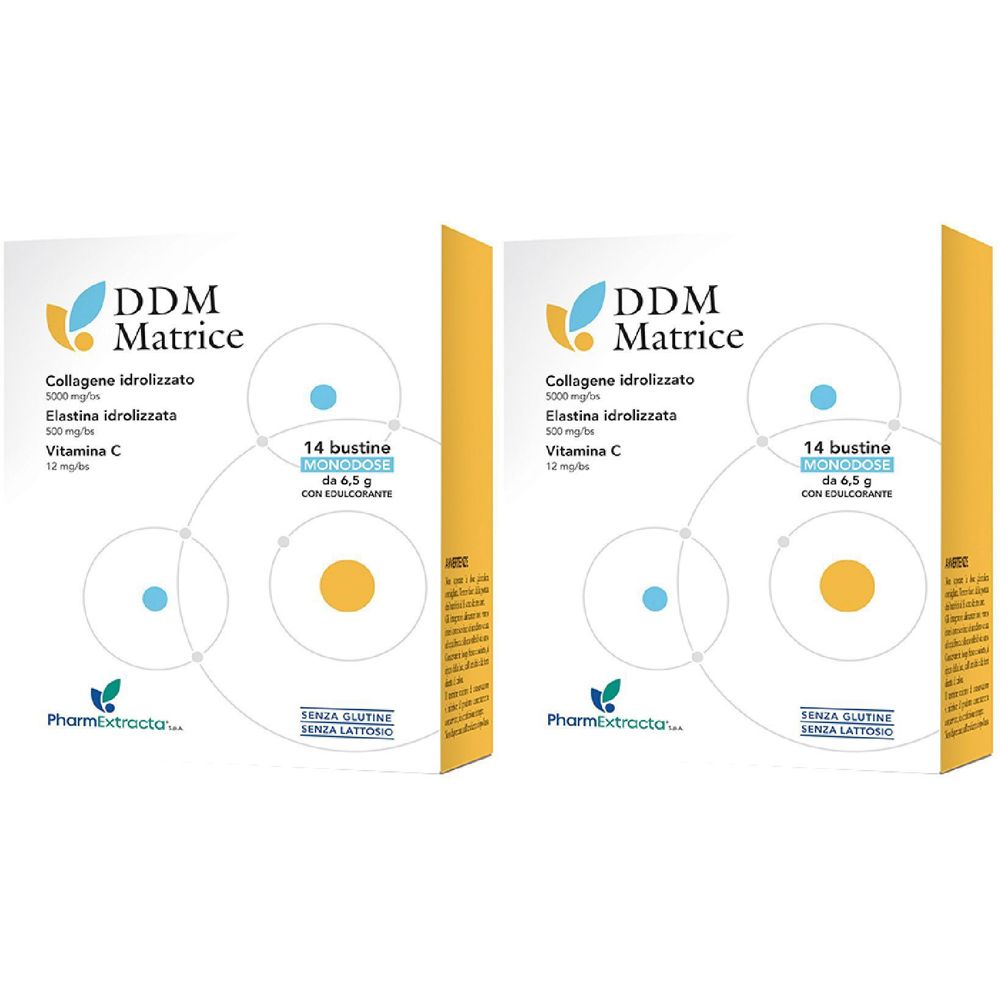 Deux boîtes DDM Matrice. Inscription : Collagene idrolizzato, Elastina idrolizzata, Vitamina C. 14 Bustine. Marque : PharmExtracta.