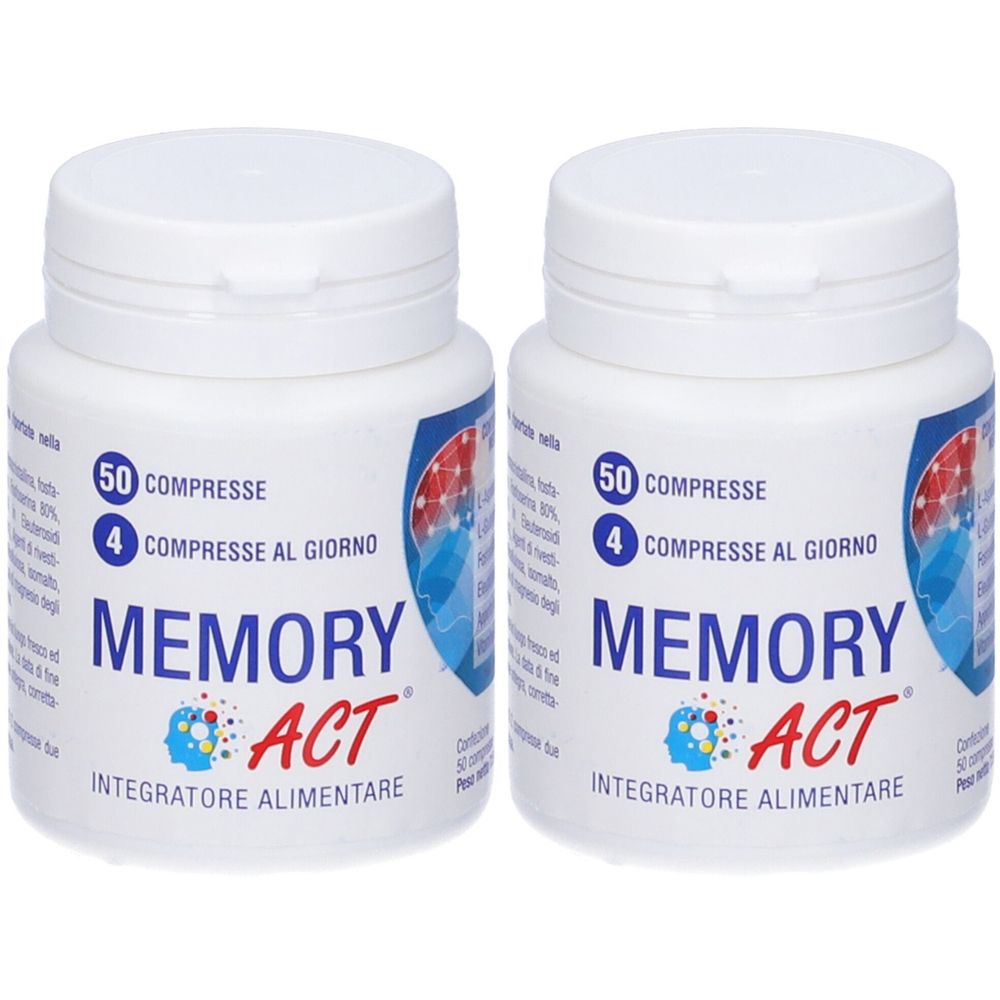 Zwei weiße Pillendosen mit blau-roter Beschriftung. Aufschrift: Memory Act, 50 Tabletten, 4 Tabletten täglich. Nahrungsergänzungsmittel.