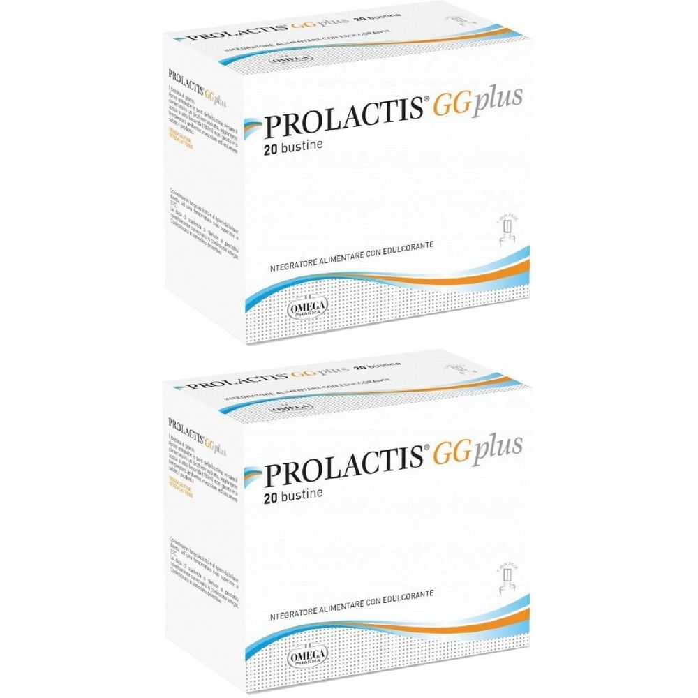 Deux boîtes blanches avec l'inscription Prolactis GG plus. Chaque boîte indique "20 bustine".