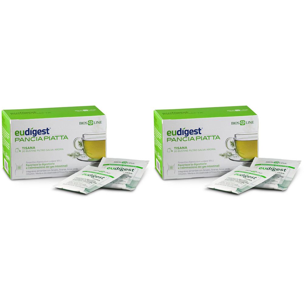 Deux boîtes vertes avec "Eudigest Pancia Piatta". Sachet de thé à côté. Inscriptions en italien.