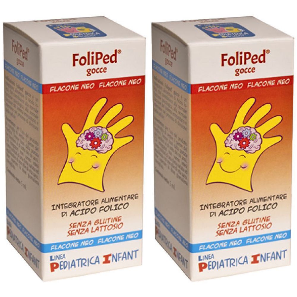 Zwei Kartons mit dem Produktnamen FoliPed. Auf den Kartons ist eine gelbe Hand mit einem Gehirn-ähnlichen Design abgebildet. Text: 'Integratore alimentare di acido folico'.