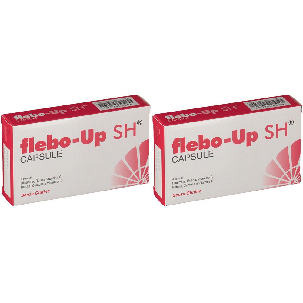 Deux boîtes "flebo-Up SH CAPSULE". Emballage rouge et blanc avec informations produit et mention "Senza Glutine".