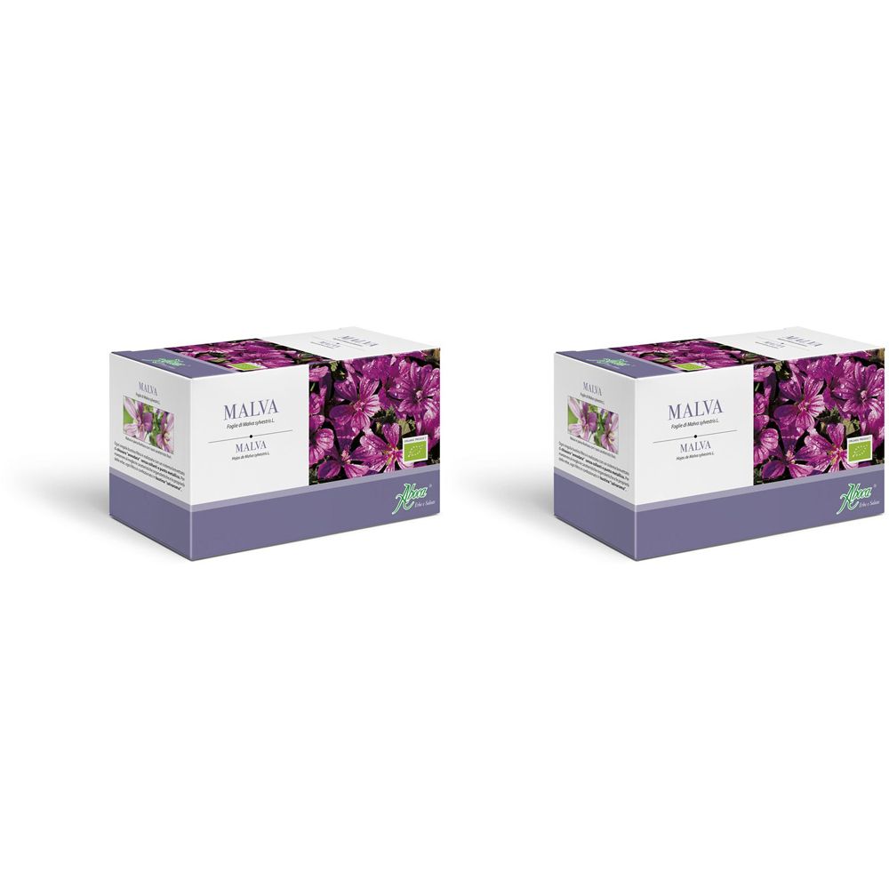 Zwei rechteckige Kartons. Auf der Vorderseite steht "MALVA" und ein Bild von lila Blüten. Bio-Zertifizierung.