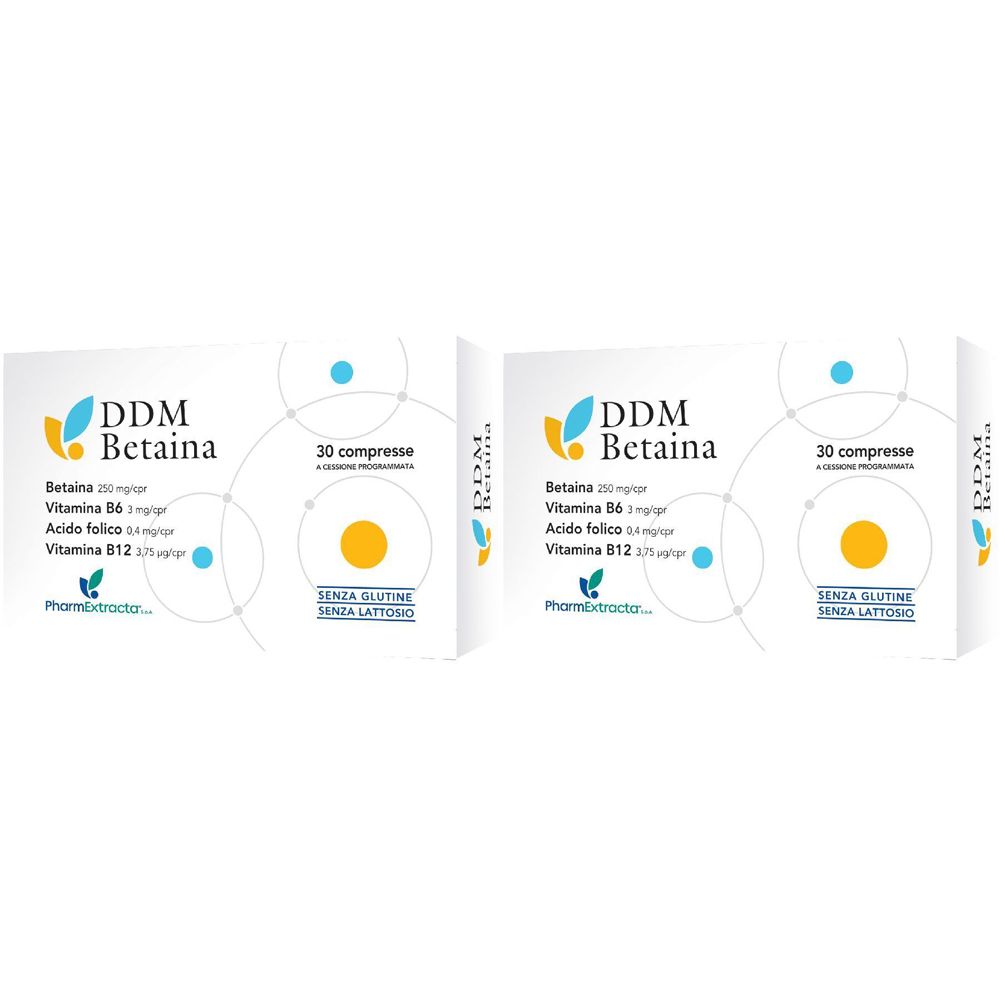 Zwei Schachteln DDM Betaina. Aufschrift: 30 Tabletten, glutenfrei, laktosefrei. Enthält Betain, Vitamin B6, Folsäure, Vitamin B12.