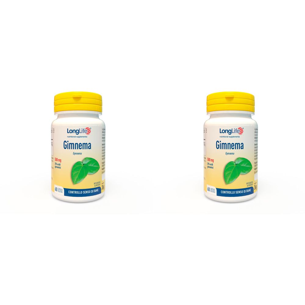 Zwei weiße Flaschen mit gelben Deckeln. Auf jeder Flasche steht "LongLife Gimnema". Aufkleber mit grünen Blättern.