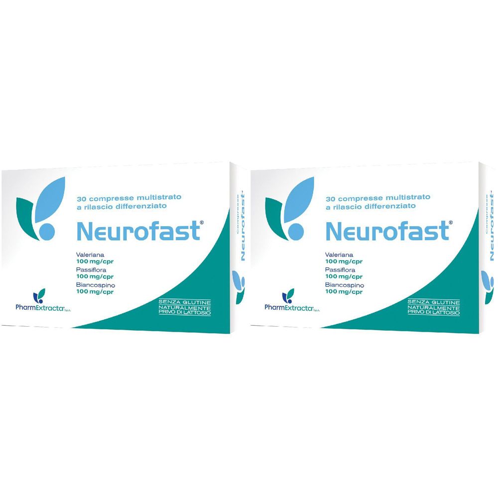 Deux boîtes de Neurofast. Inscription : 30 comprimés, Valériane, Passiflore, Aubépine. Marque : Neurofast.