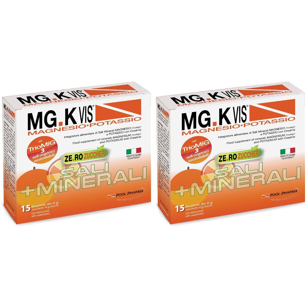 Deux boîtes de MG.K Vis, sels de magnésium et potassium. Inscription : Zero Zuccheri, Sali Minerali. Contient 15 sachets.