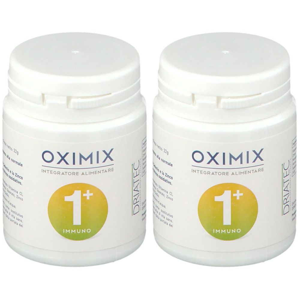 Zwei weiße Behälter mit Deckel. Aufschrift Oximix, 1+ Immuno. Marke Driatec.