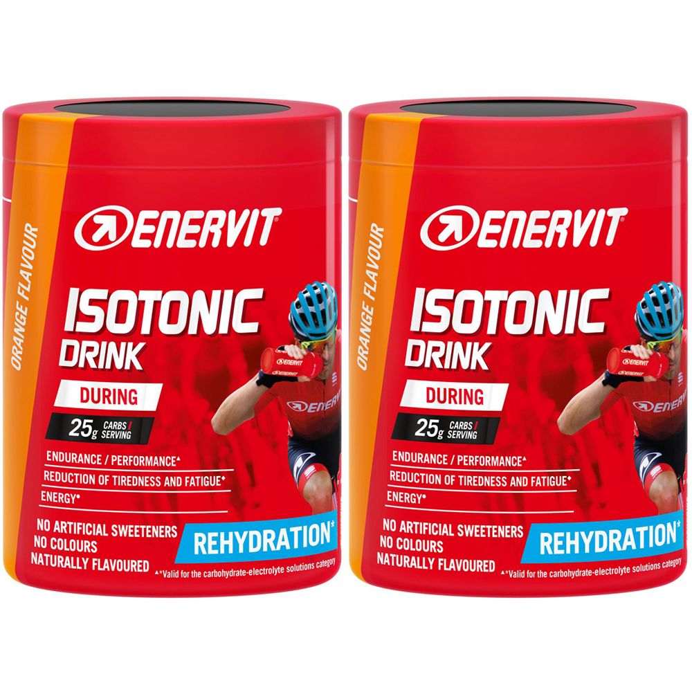Zwei rote Dosen mit ENERVIT Isotonic Drink. Aufschrift: Orange Flavour, 25g Kohlenhydrate, Rehydration. Abbildung eines Radfahrers.