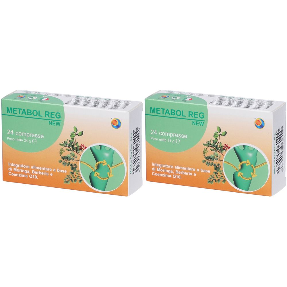 Deux boîtes "METABOL REG NEW", 24 comprimés. Design vert et blanc avec illustration d'un corps.