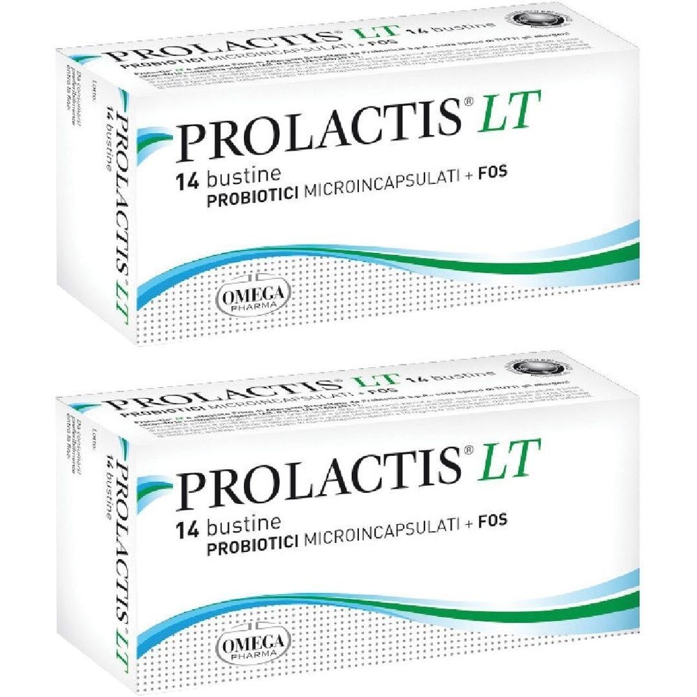 Deux boîtes blanches avec PROLACTIS LT, 14 bustine, PROBIOTICI MICROINCAPSULATI + FOS. Marque OMEGA.