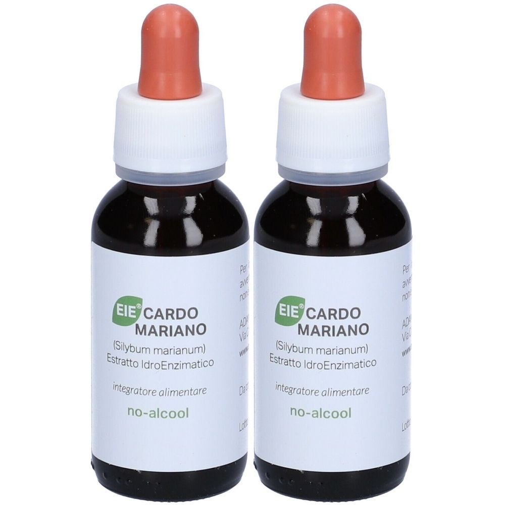 Deux flacons de liquide brun avec compte-gouttes. Les étiquettes indiquent "EIE CARDO MARIANO" et "no-alcool".