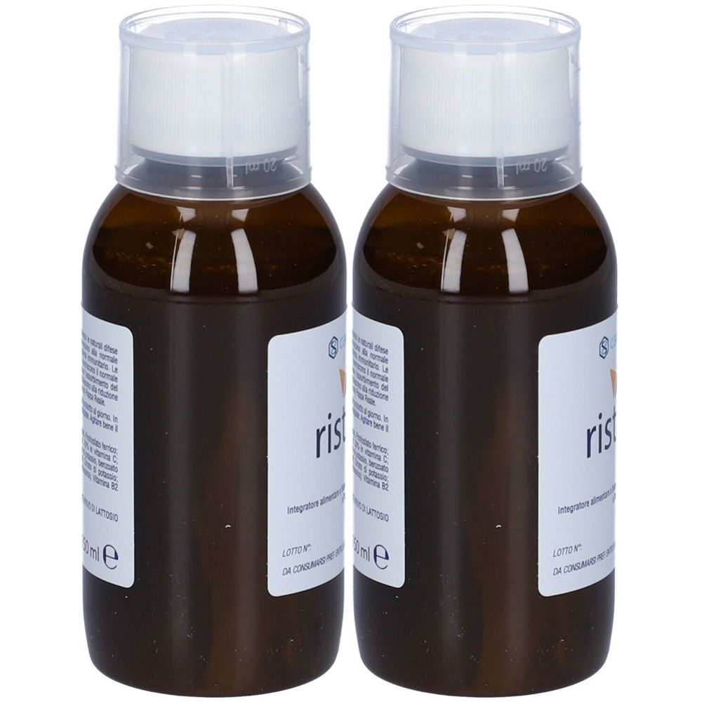 Deux flacons bruns avec des étiquettes et des bouchons blancs. Le nom du produit "rist" est visible sur les étiquettes.