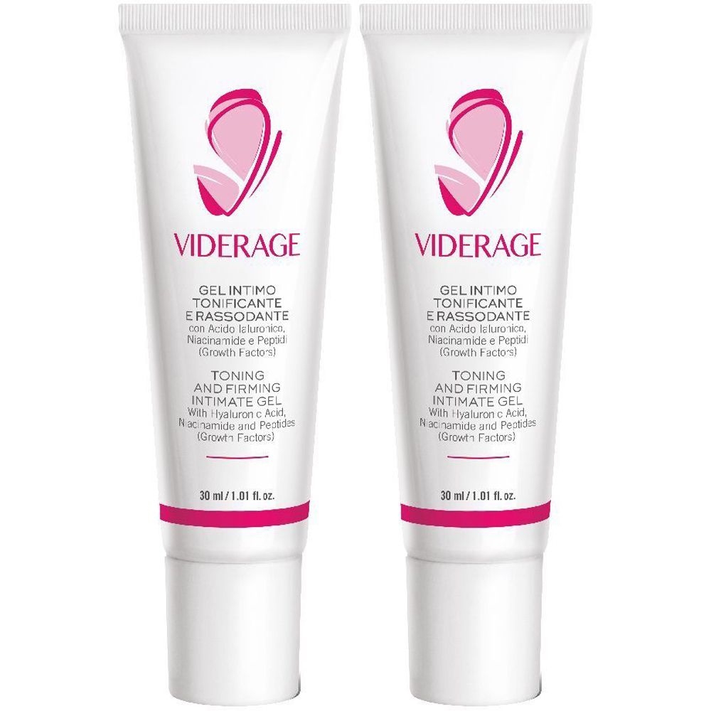 Zwei Tuben Intim-Gel. Weiß, mit rosa Akzenten und Logo. Text: Viderage, Gel Intimo, Toning and Firming Intimate Gel.
