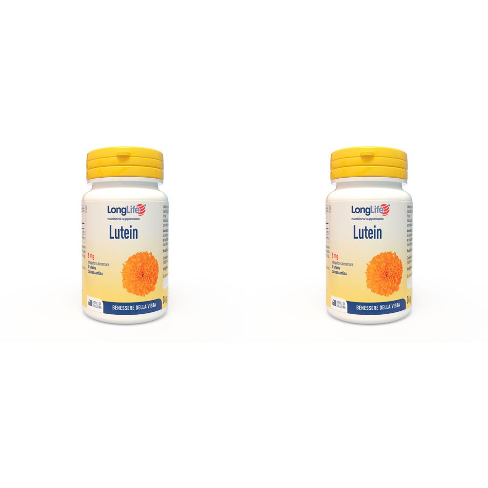 Zwei weiße Flaschen mit gelben Deckeln. Auf jeder Flasche steht "LongLife Lutein". Aufdruck eines orangefarbenen Blütenbildes.