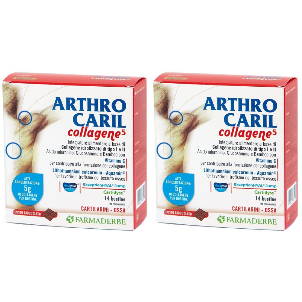 Deux boîtes de Arthrocaril Collagene5. Emballage rouge avec nom et informations. Contient 14 sachets.