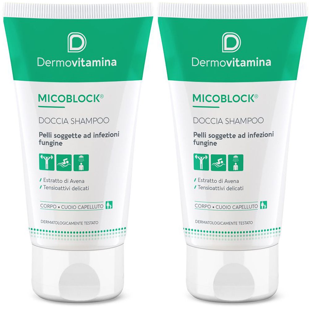 Deux tubes de shampooing douche. Inscriptions : Dermovitamina, Micoblock, pour peaux sujettes aux infections fongiques. Testé dermatologiquement.