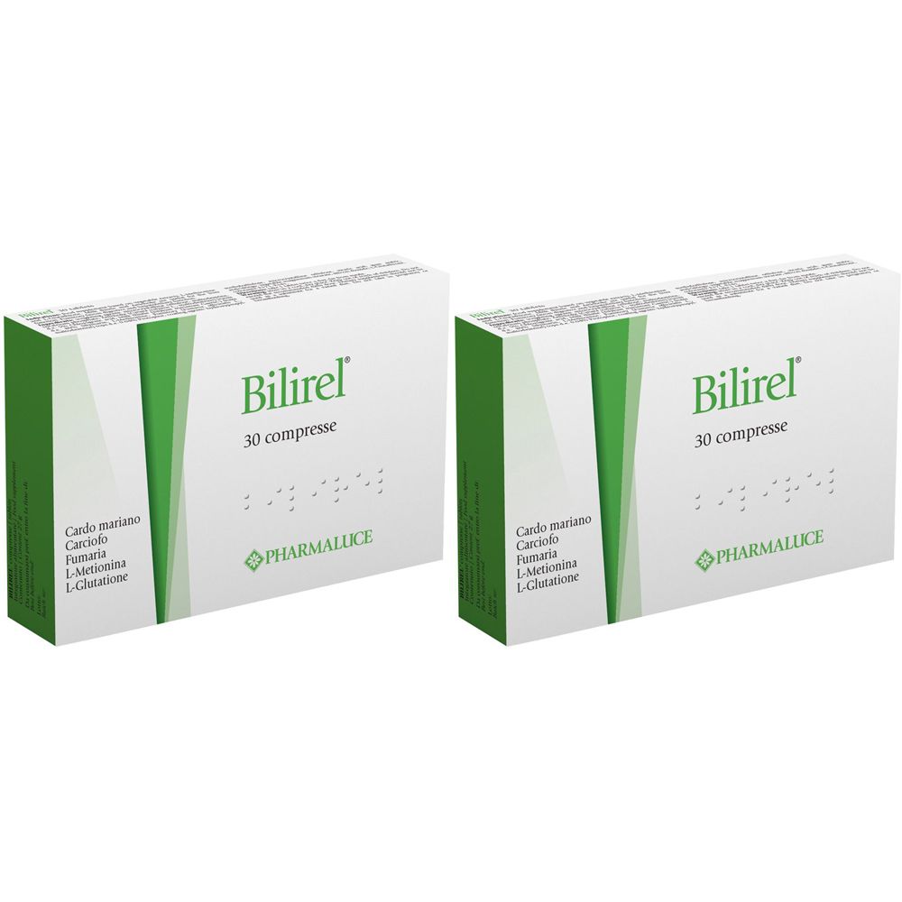 Zwei weiße Schachteln mit grünen Akzenten. Auf jeder Schachtel steht "Bilirel", "30 compresse" und "PHARMALICE".
