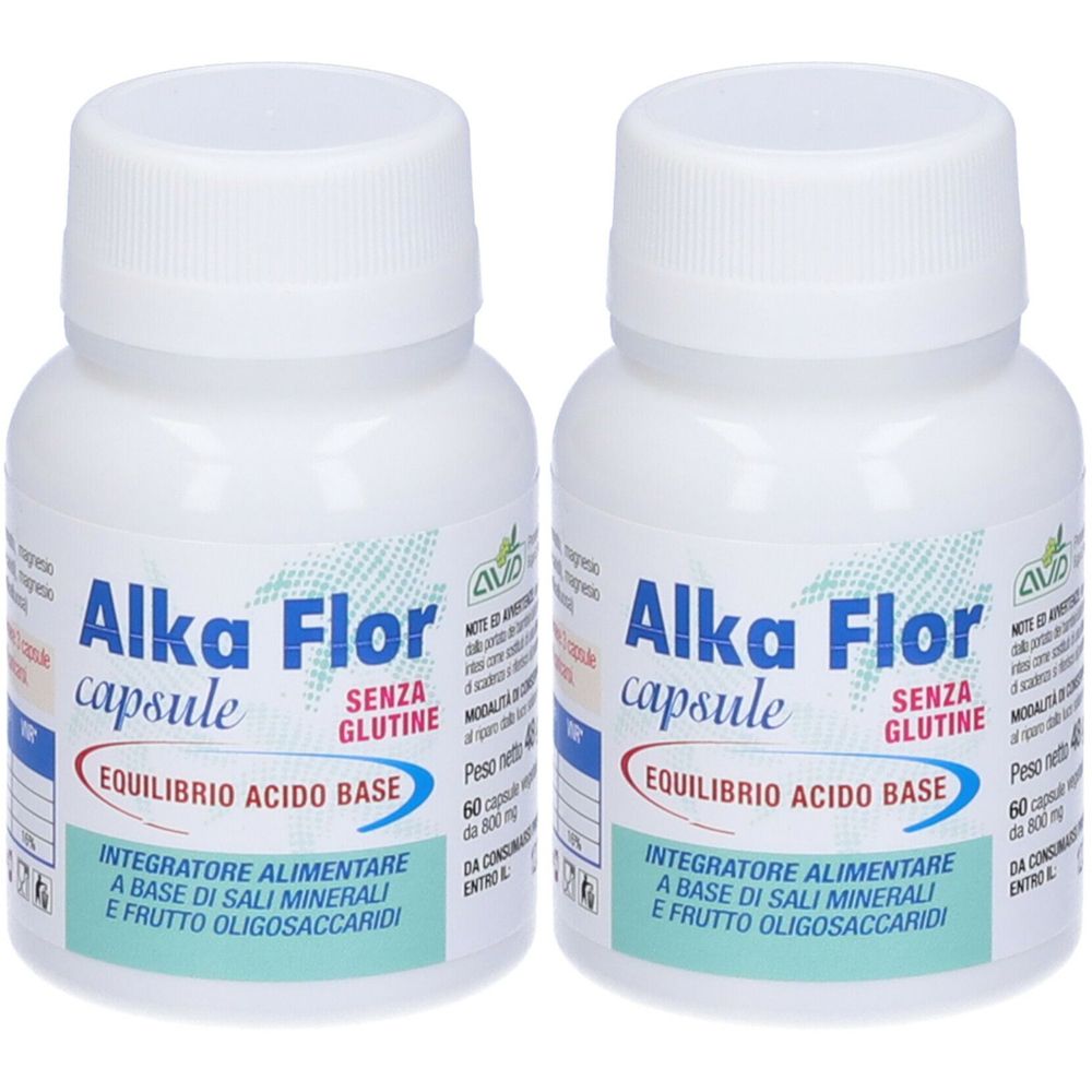 Deux flacons blancs de capsules. Inscription : Alka Flor, capsule, senza glutine, equilibrio acido base. Complément alimentaire.