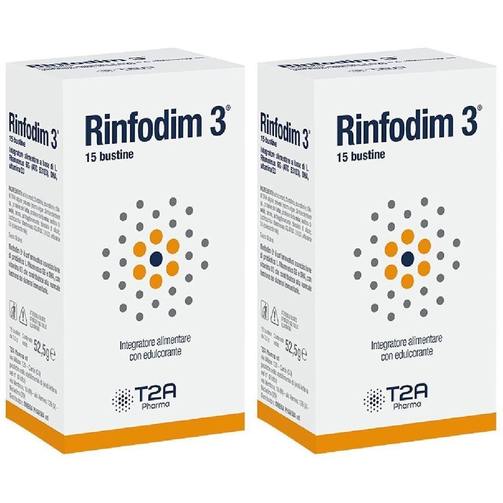 Zwei weiße Schachteln mit "Rinfodim 3"-Logo und Text. 15 Beutel. T2A Pharma Logo unten.