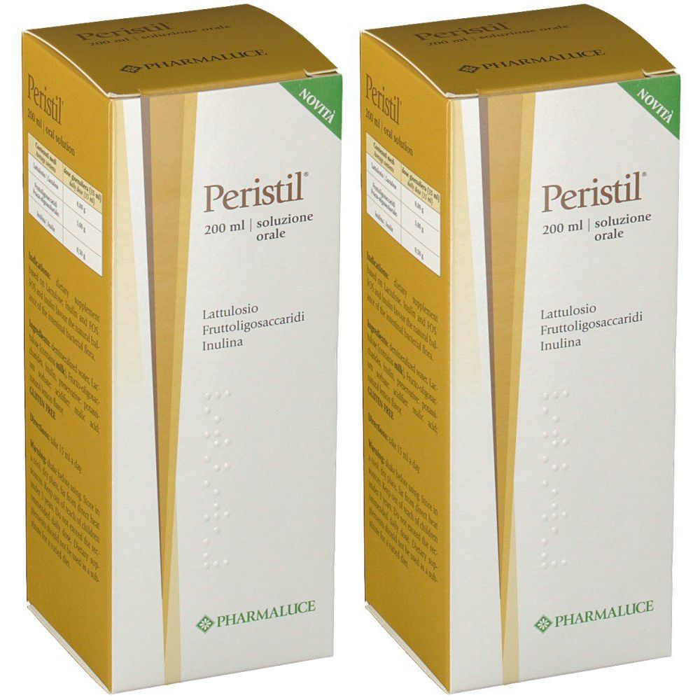 Deux boîtes de Peristil, solution orale 200 ml, avec ingrédients et marque Pharmaluce. Mention 'Novità'.