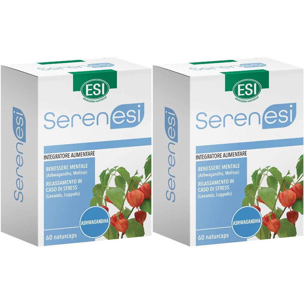 Zwei weiße Kartons mit der Aufschrift "Serenesi" und "ESI". Aufdrucke: "Integratore Alimentare", "Benessere Mentale", "Rilassamento in caso di stress".