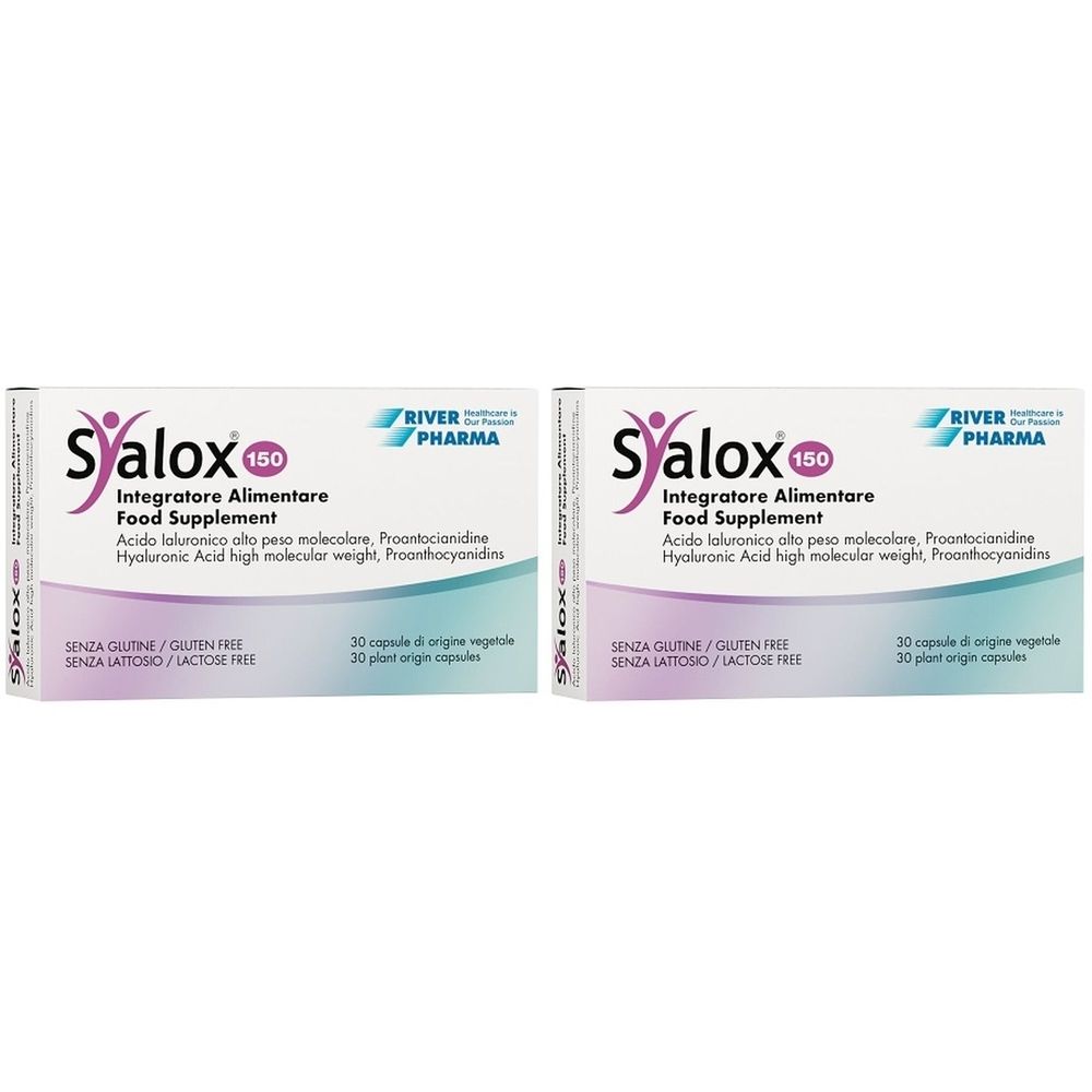 Zwei Schachteln Syalox 150. Aufschrift: Integratore Alimentare Food Supplement. Marke: River Pharma.