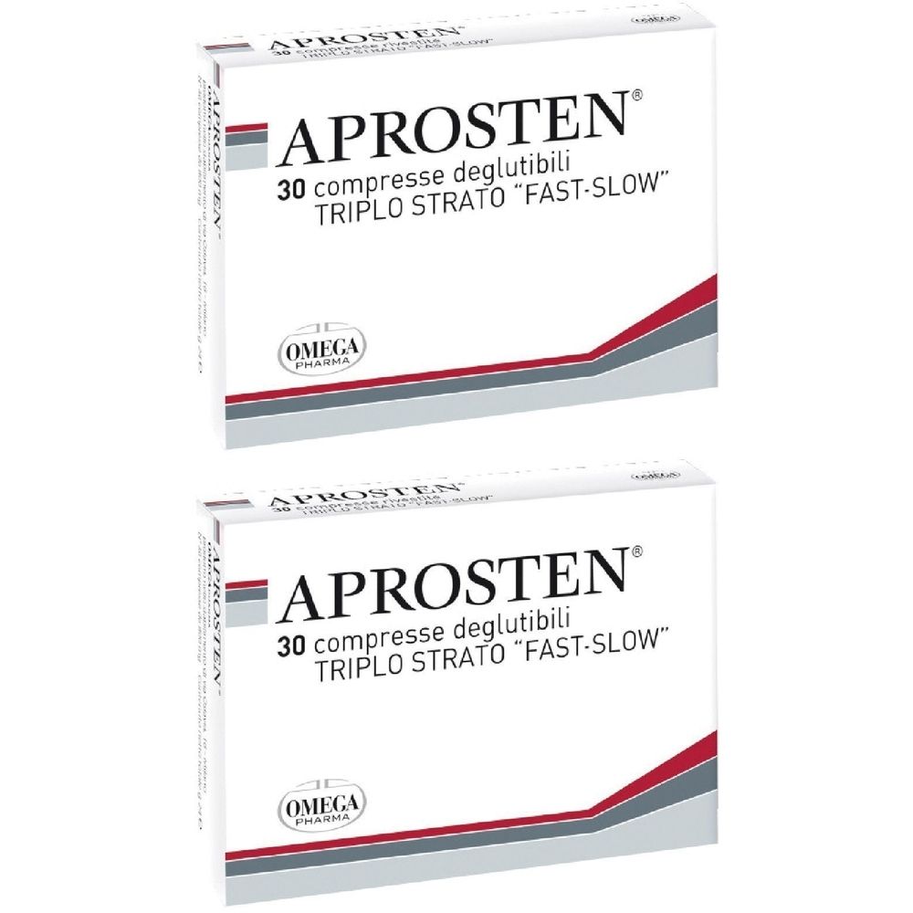 Deux boîtes APROSTEN. Chaque boîte contient 30 comprimés. Inscription : TRIPLO STRATO "FAST-SLOW". Logo Omega Pharma.