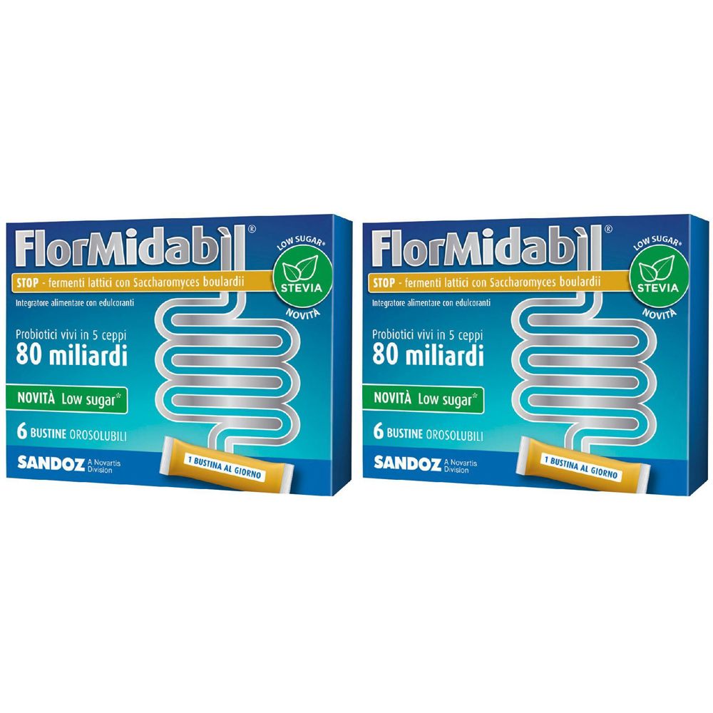 Deux boîtes FlorMidabil. Boîtes bleues avec informations produit et logo. Contient 6 sachets. Logo Stevia.