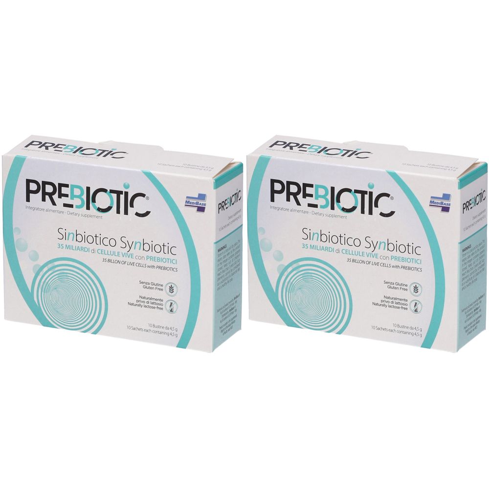 Zwei weiße Kartons mit der Aufschrift "PREBIOTIC". Türkisfarbene Akzente und Produktinformationen. Synbiotikum.