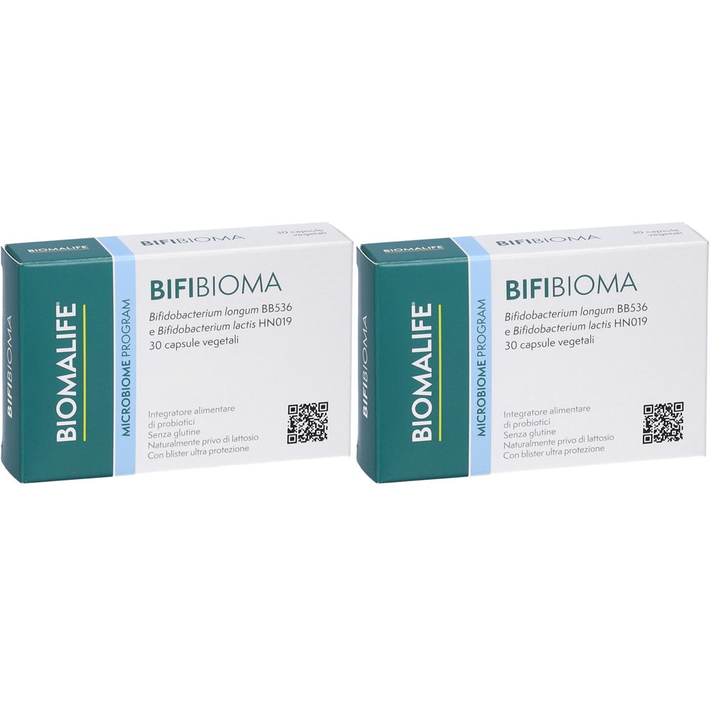Zwei weiße Schachteln mit Aufschrift Bifi Bioma. Logo mit Magen-Darm-Trakt. Text: Bioma Life, A base di Bifidobacterium longum.