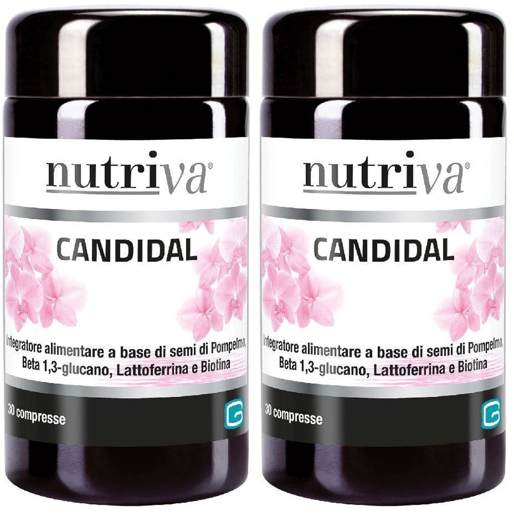 Deux flacons avec couvercles noirs et étiquettes blanches. L'étiquette indique "nutriva CANDIDAL".