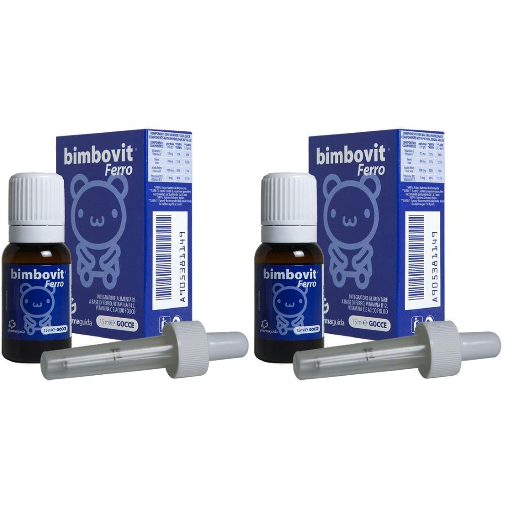 Zwei Flaschen mit weißem Deckel und Pipette, daneben zwei Schachteln mit dem Logo "Bimbovit Ferro".