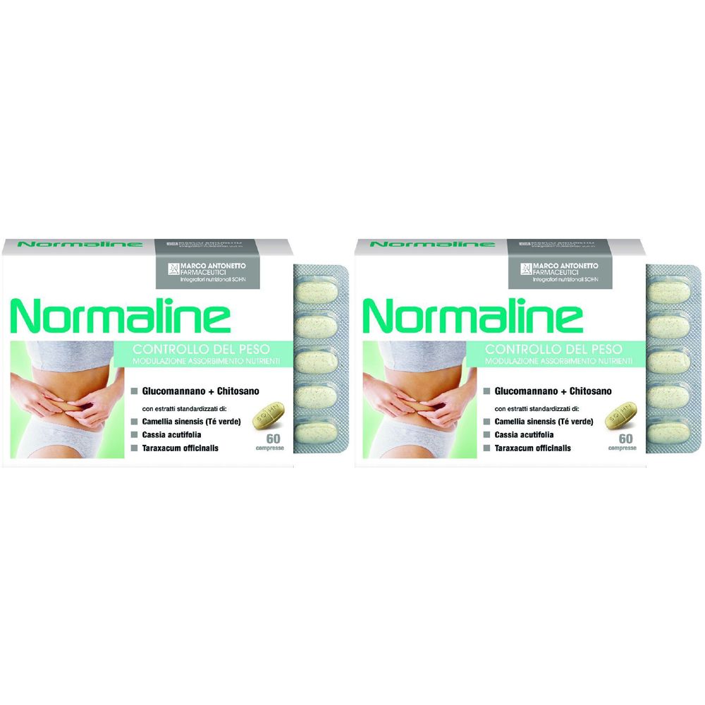Zwei Packungen mit Tabletten. Aufschrift Normaline, Kontrolle des Gewichts. Enthält Glucomannan + Chitosan.