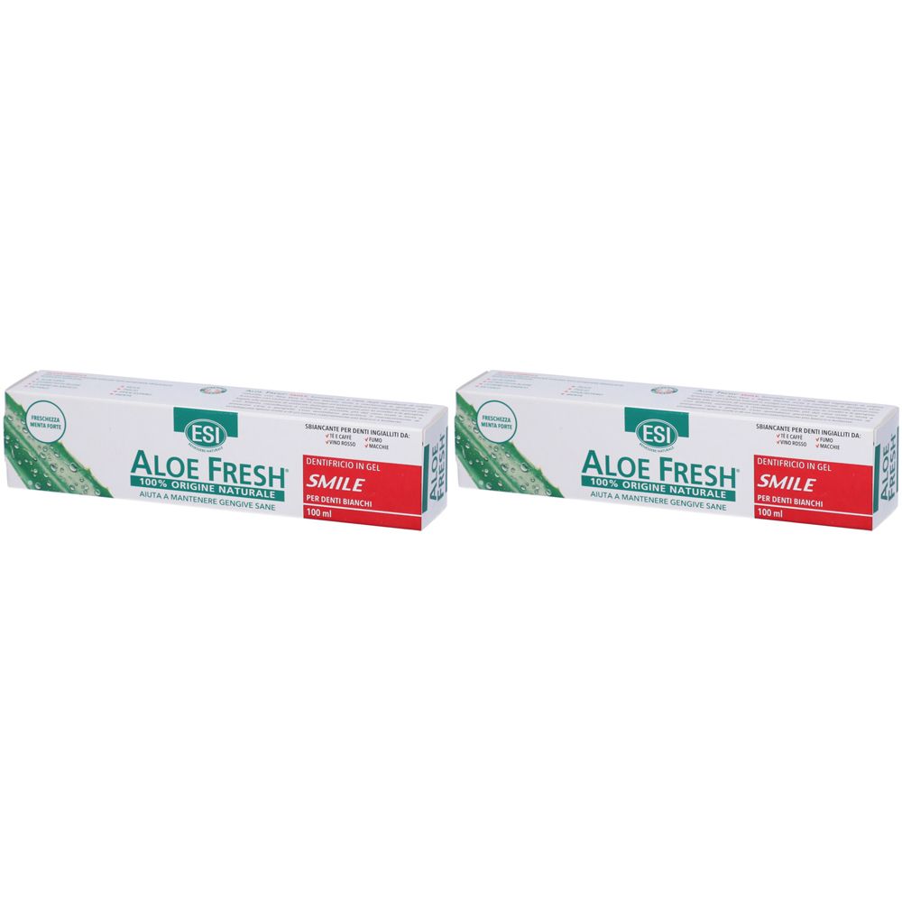 Deux tubes de dentifrice. Emballage blanc avec des accents verts et rouges. Inscription : ESI Aloe Fresh Smile.