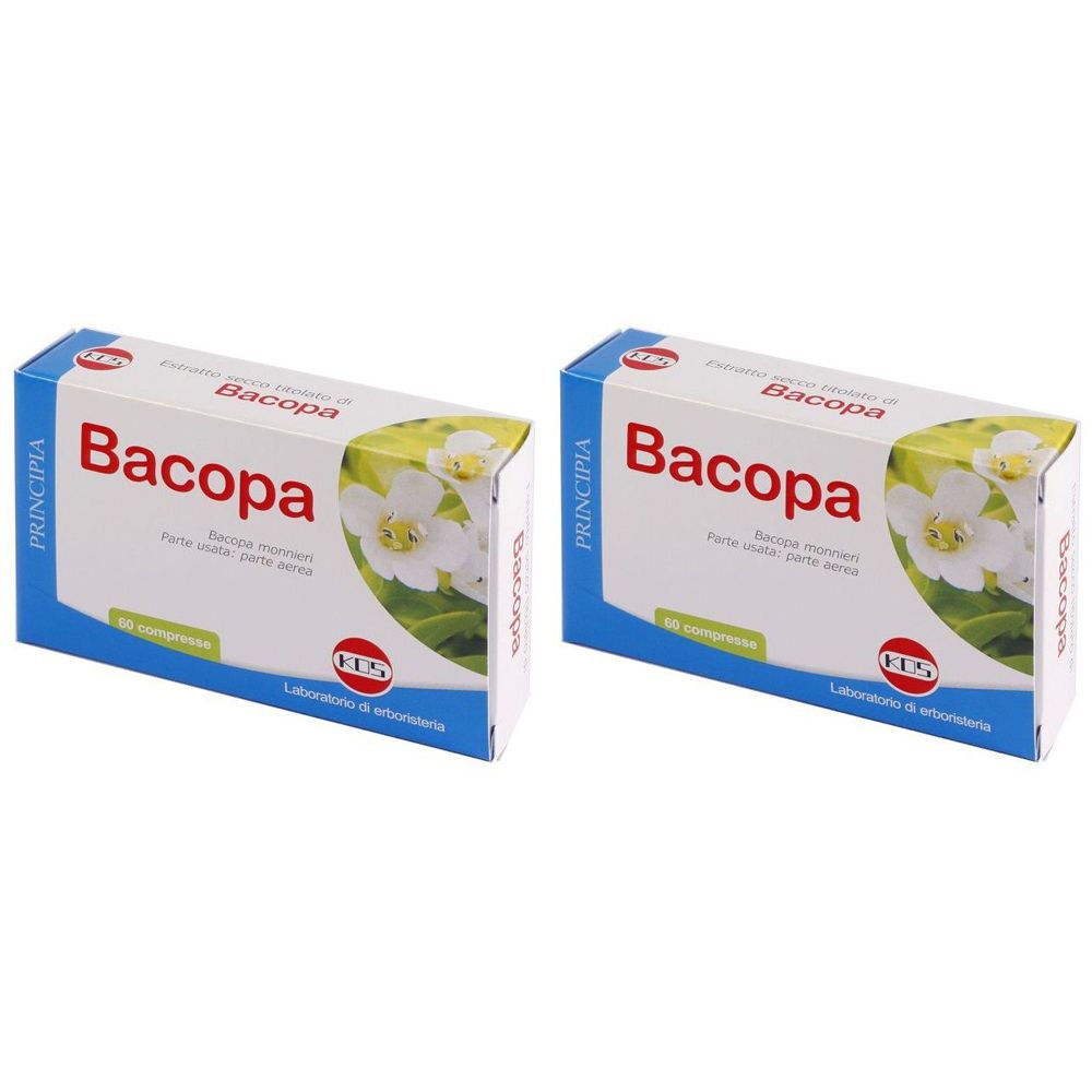 Zwei Schachteln mit der Aufschrift "Bacopa". Blaue und weiße Verpackung mit floralem Design und Text. Das Logo "KLS" ist sichtbar.