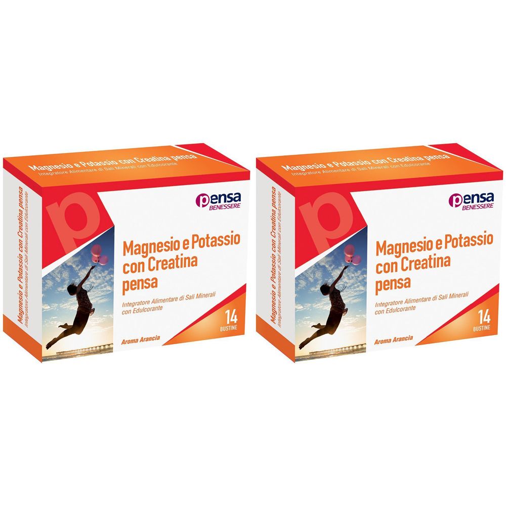 Zwei Kartons mit "Magnesio e Potassio con Creatina"-Produkt. Orange-weißes Design mit Logo und Text. 14 Beutel.