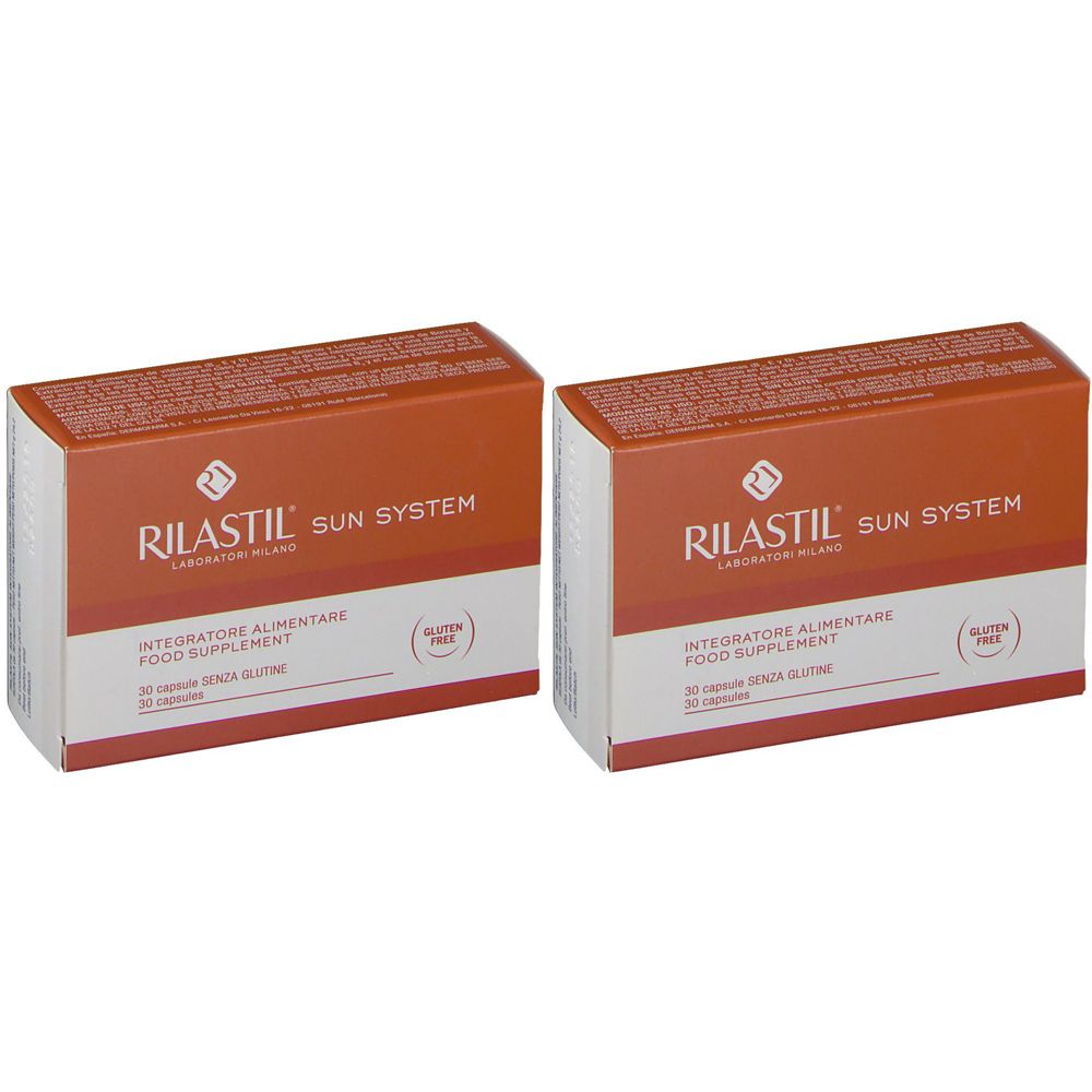 Zwei rechteckige Kartons. Aufschrift: RILASTIL SUN SYSTEM, Nahrungsergänzungsmittel, glutenfrei.