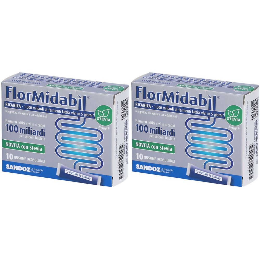 Deux boîtes de Flormidabil. Inscription : 100 milliards, 10 sachets, avec Stevia. Marque Sandoz.