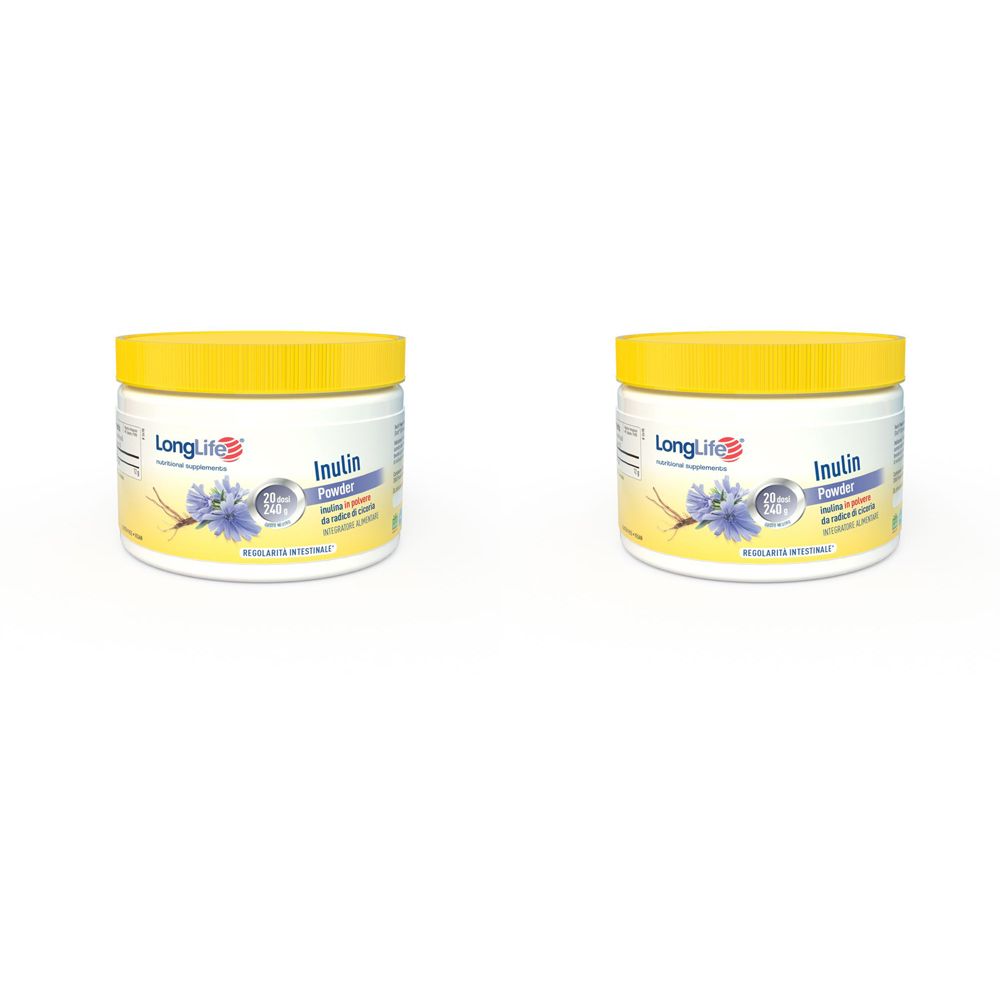 Deux pots blancs avec couvercles jaunes. Inscription : LongLife, Inulin Powder. Logo et texte sur chaque pot.