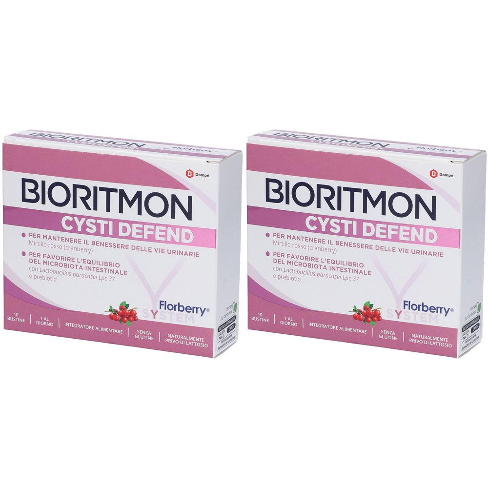 Deux boîtes de Bioritmon Cysti Defend. Boîtes blanches avec des accents roses et le nom du produit. Texte en italien.