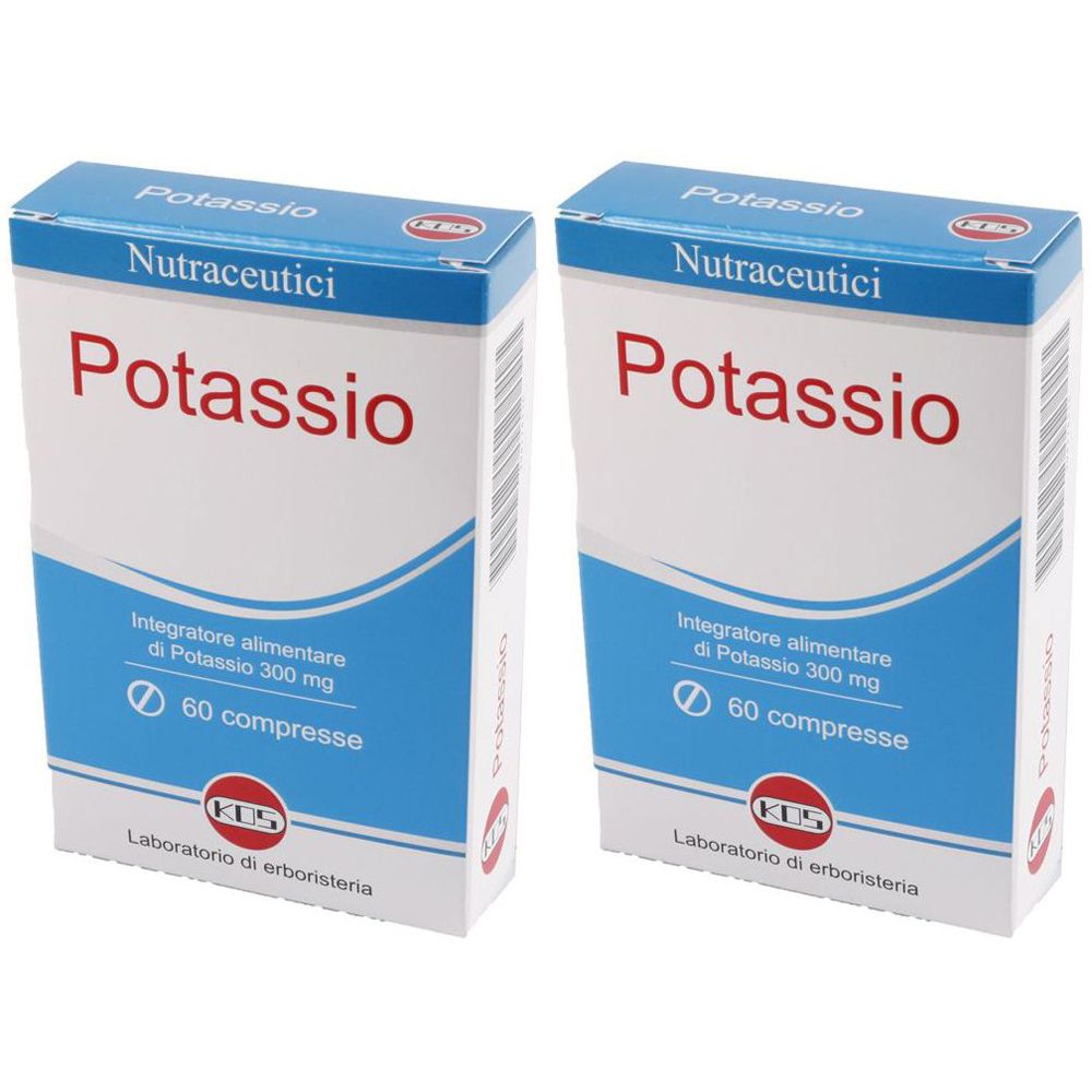 Zwei Kartons mit der Aufschrift Potassio. Blaue und weiße Verpackung mit Text. Enthält 60 Tabletten. Marke KOS.