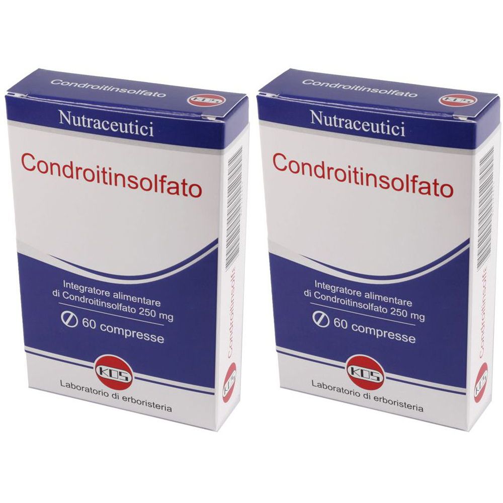 Deux boîtes de "Condroitinsolfato". Emballage blanc et bleu. Texte : "Nutraceutici", "60 compresse". Logo de laboratoire.