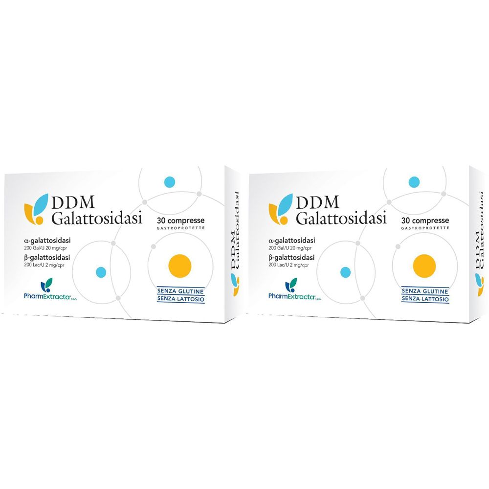 Deux boîtes blanches avec l'inscription DDM Galattosidasi. Chaque boîte indique "30 compresse".