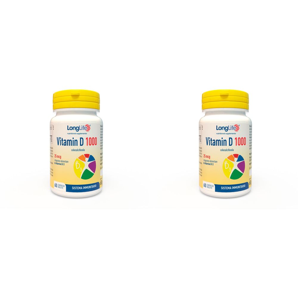 Zwei weiße Flaschen mit gelben Deckeln. Aufschrift: LongLife Vitamin D 1000. Farbige Grafik. 60 Tabletten.